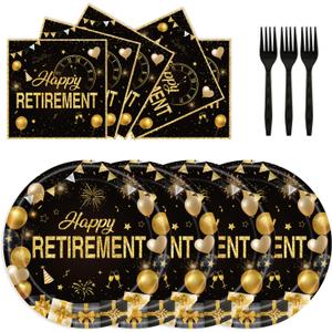72Pcs Retirement Plates and Napkins, Black Gold Happy Retirement Party Decorations Paper Plates and Napkins with Forks Disposable Tableware Set for Men Women