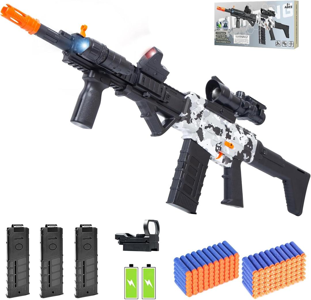 Realistic Sniper Rifle Toy Guns for Nerf Guns Bullets, Electric Foam Blaster Toy Set with Scope, 120 Soft Darts and 3 Magazines, Kids Semi Automatic Machine Toy Gun for Boys 8-12 Old (White)