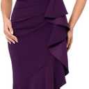 Betsy & Adam Women's V-Neck Hi Low Sleeveless Floor Length Cascade Dress with Draped Ruffle, Mulberry, 14