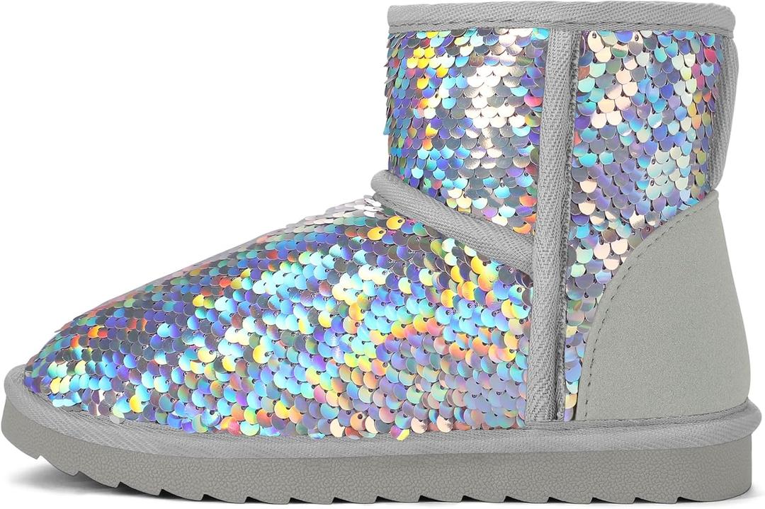 K KomForme Girls Winter Boots Sparkle Sequins Warm Snow Shoes Fur Lined Lightweight Comfy (11, Grey Colorful)