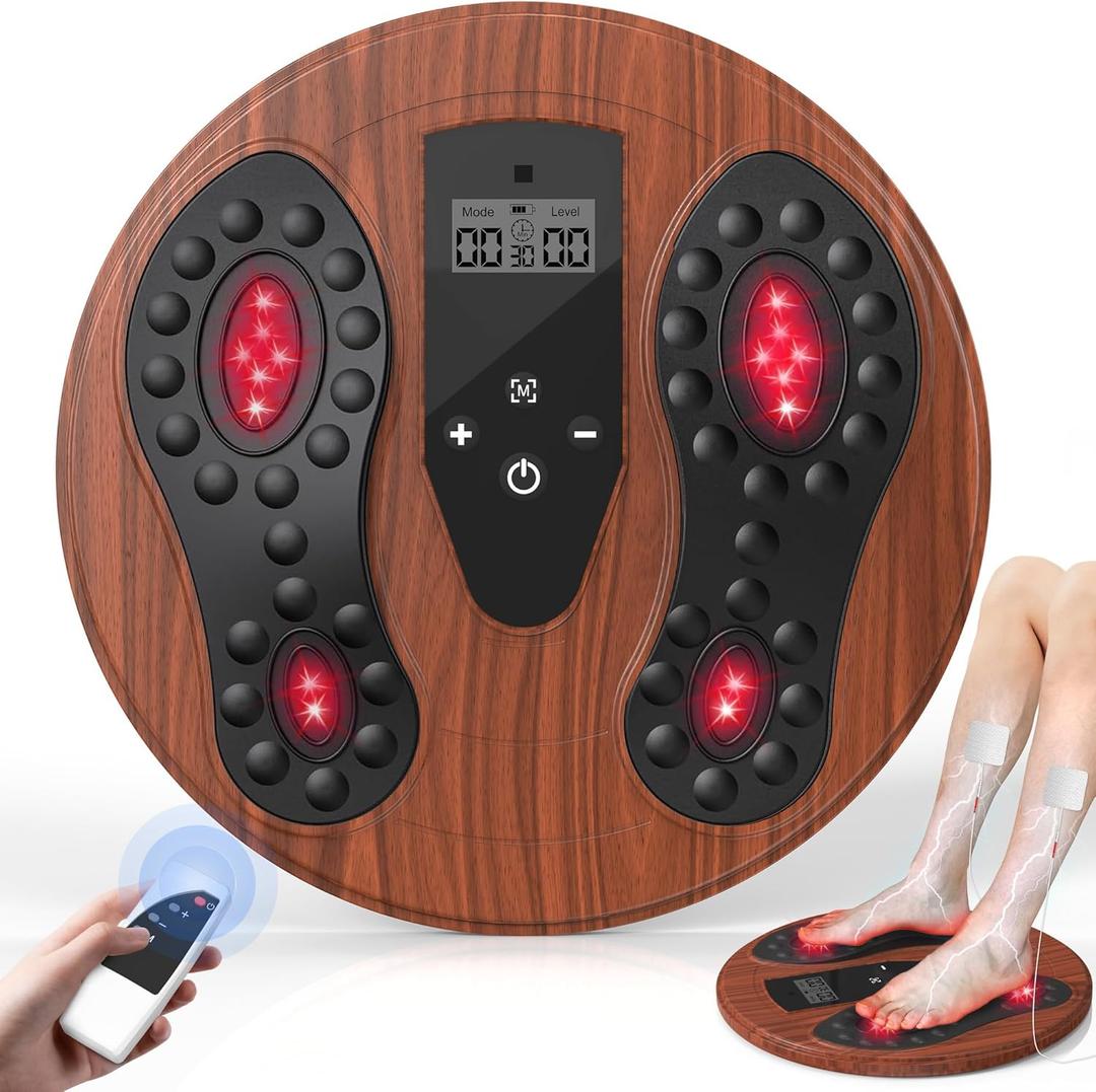 EMS Foot Massager for Neuropathy, Newly Red Light Therapy Foot Stimulator for Neuropathy Feet Nerve Electric NMES Feet Massager for Circulation and Pain Relief with 4 TENS Unit Muscle Stimulator Pads (Wood)