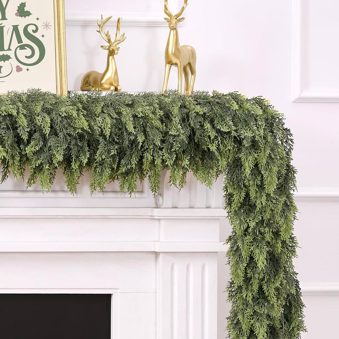 9FT Christmas Cedar Garland for Mantle,Realistic Faux Greenery Garland,Soft and Thickness Artificial Pine Garlands for Christmas Mantel Table Outdoor Indoor Xmas Holiday Seasonal Decor