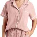 Womens Muslin Pajama Set 100% Cotton Double Gauze Linen Like Breathable Soft Button Up Loungewear Sleepwear PJ Set (Pink, L)