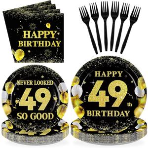 96Pcs Happy 49th Birthday Party Decorations for Men Women Black Gold 49th Paper Plates and Napkins Set Never Looked 49 So Good Theme Decorations for Cheers to 49 Years Old Party Supplies Serves 24