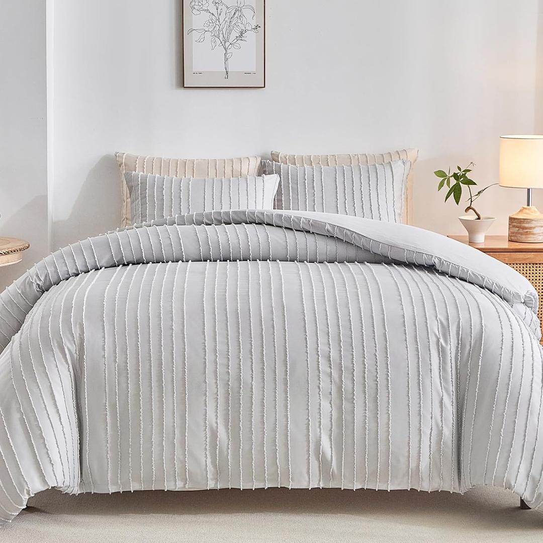 WARMDERN King Boho Duvet Cover Set, Light Grey Striped Microfiber 3pcs Bedding, Zipper Closure, Tufted Bohemian Design, Ultra Soft, Machine Washable WARMDERN King Boho Duvet Cover Set, Light Grey Striped Microfiber 3pcs Bedding, Zipper Closure, Tufted Bohemian Design, Ultra Soft, Machine Washable
