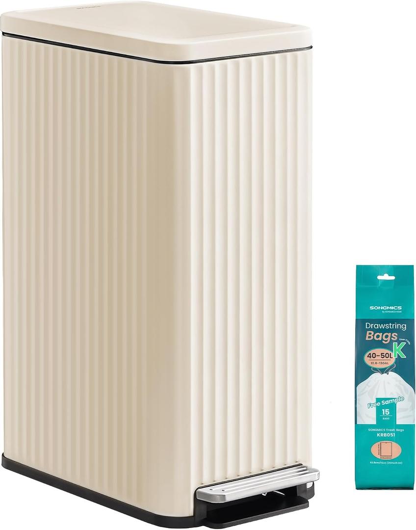 SONGMICS Trash Can, 13 Gallon (50 L) Slim Garbage Can for Kitchen, with Soft-Close Lid, Pedal, Removable Inner Bucket, Stainless Steel, 15 Trash Bags, Space-Saving, Cream White ULTB350LZ01