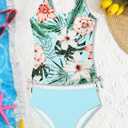 Qaoerde Girls Swimsuit Tropical Print Bikini Set with Ruffle Hem Two Piece Criss Cross Bathing Suits for Girls 7-14 Years (9-10 Years, Blue Plant)
