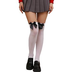 Thigh High Stockings for Women, Satin Bow Stockings for Halloween, Christmas, New Year's Eve, and Valentine's Day (White)