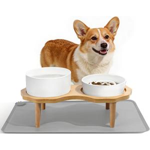 4-in-1 Ceramic Elevated Slow Feeder Dog Bowl Set, 6.3inch Dog Water Bowl and 5.9inch Slow Dish with Wooden Stand, Spill Proof Silicone Mat for Small and Medium Dog, Anti-Gulping (White)