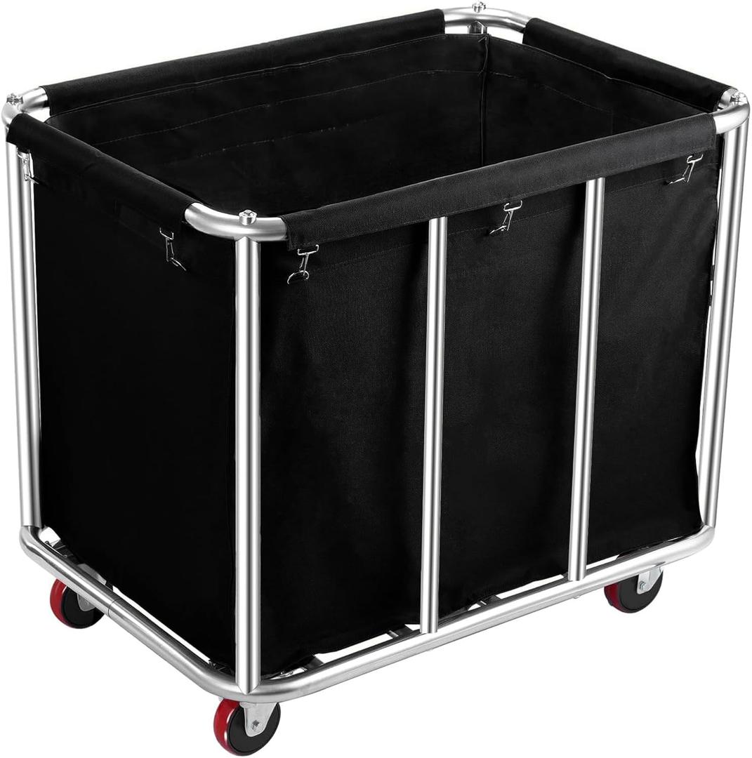 Commercial Laundry Cart with Wheels, 400L Large Capacity Heavy Duty Stainless Laundry Basket,Laundry Sorter for Clothes Storage,330 lbs Load (Black), 35.4" x 25.6" x 31.5"