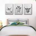 3pcs Framed Funny Black and White Highland Cow Wall Art Humor Animals Bathroom Artwork Prints for Bathroom Living Room Apartment Bedroom Office Hotel Wall Decor Ready To Hang 16x24in