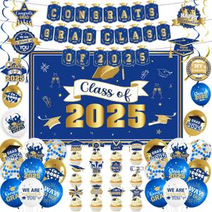 Blue and Gold Graduation Decorations 2025 Grad Party Decorations 2025 Congrats Grad Banner Class of 2025 Banner Class of 2025 Decorations Graduation Banner