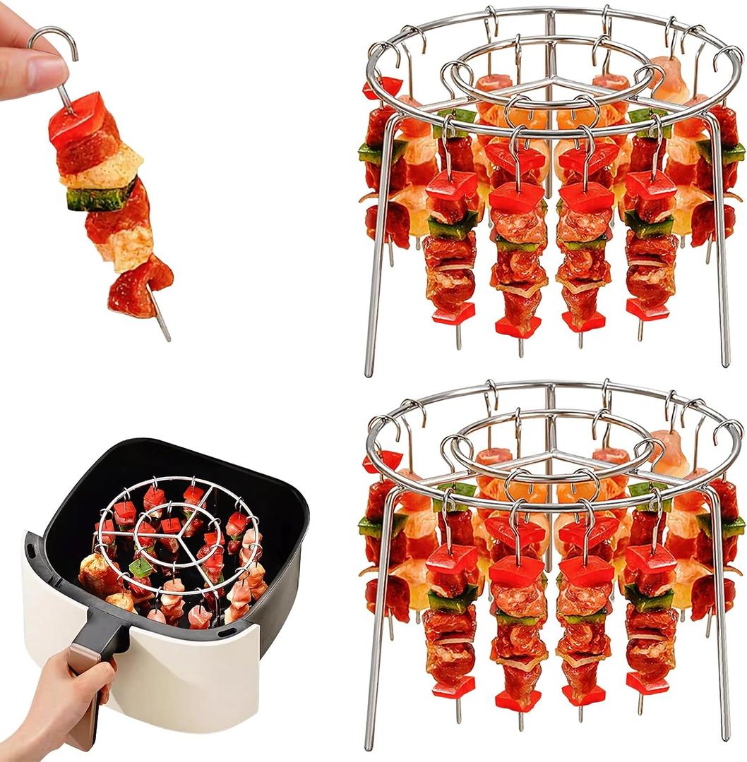 2PCS Air Fryer Rack Round with 24 Skewers, 6 Inch Air Fryer Skewer Stand, Stainless Steel Hanging Oven Skewers Rack Accessories, Multifunctional Grill for Cooking Kebabs