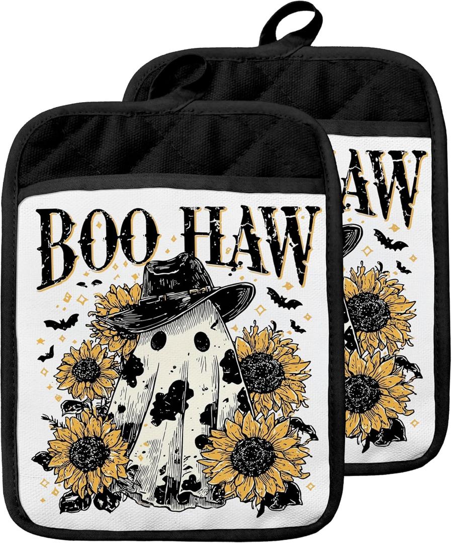 Vintage Western Halloween Pot Holders with Pockets, Rustic Sunflower Cowboy Ghost Halloween Oven Pot Holders Heat Resistant Oven Mitts Hot Pads for Kitchen Baking Cooking
