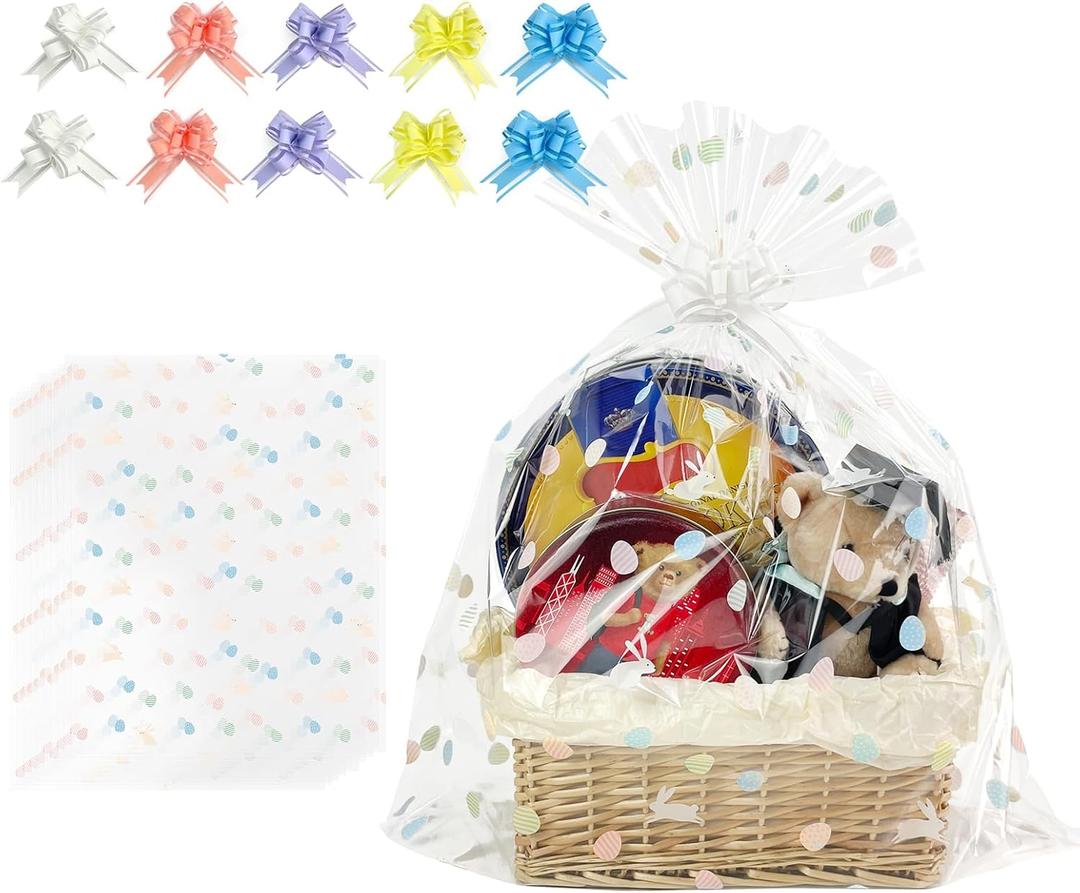 EKAPACKAGING 10Pcs 24x30 Inches Large Easter Basket Bags with Pull Bows, Easter Bunny & Egg Pattern Cellophane Wrap for Gift Baskets, Jumbo Easter Gift Bags for Toys