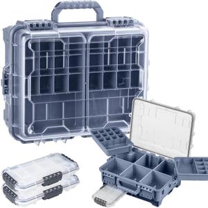 THKFISH Waterproof Tackle Box, Portable Fishing & Tackle Storage Box with Two 3500 Stowaway Boxes and Removable Dividers, Premium Tackle Box, Thicker Floating Airtight Stowaway,Pink/Green/Blue/Grey