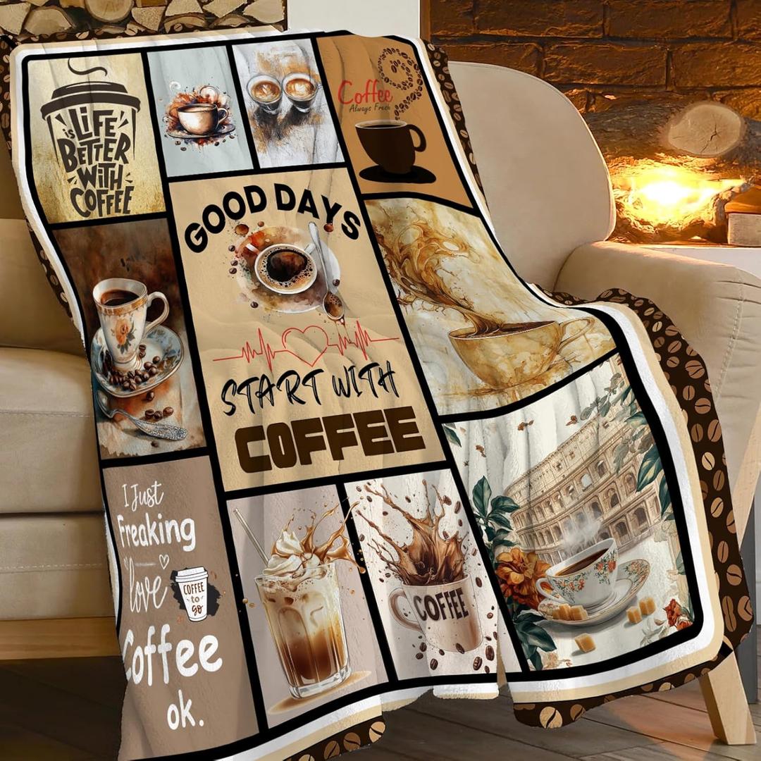 Coffee Blanket Vintage Drink Cup Throw Blankets Gifts for Girls Boys Kids Warm Soft Lightweight Flannel Coffee Bean Themed Plush Throws Fleece Bedding Stuff for Men Women 50"x40"