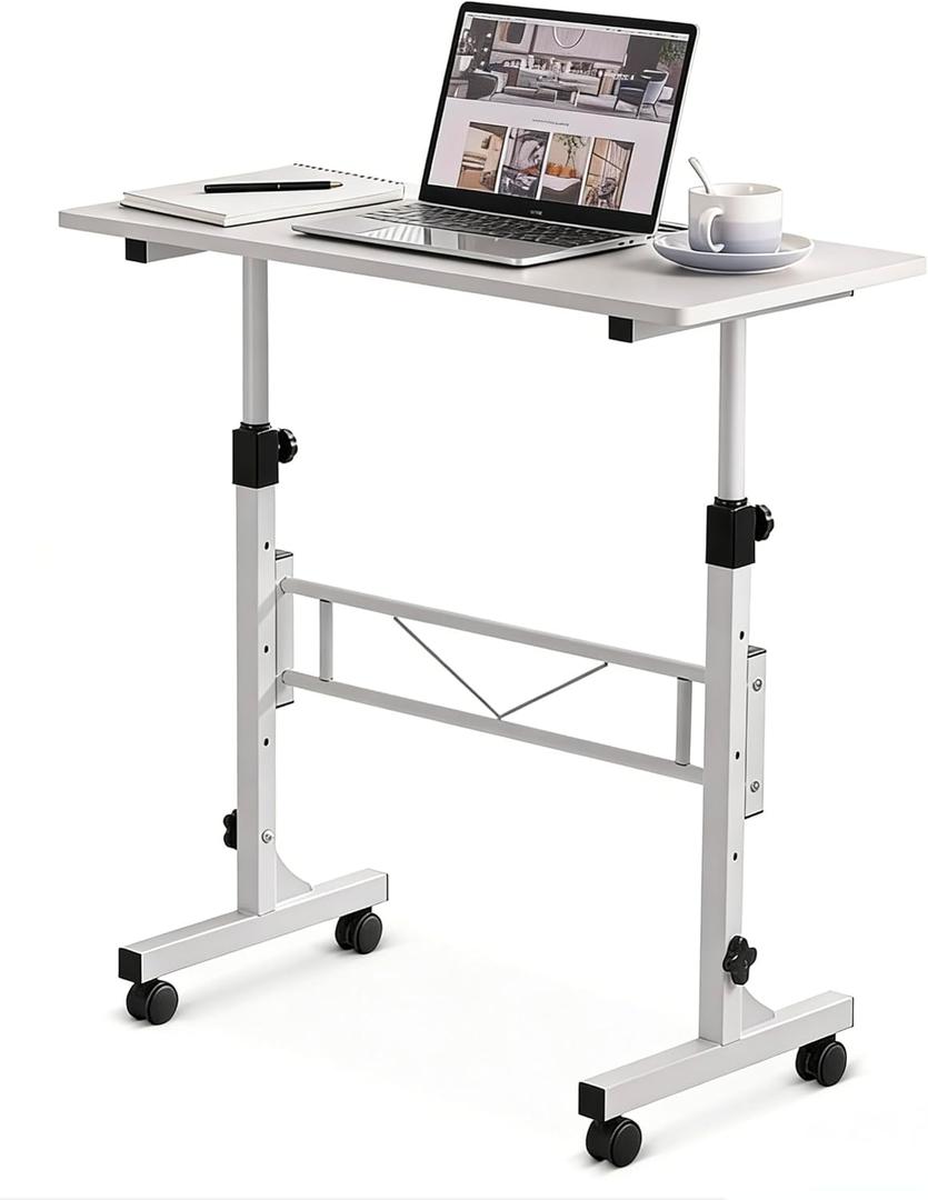 Small Standing Desk Adjustable Height, Mobile Stand Up Desk with Wheels, 32 Inch Portable Rolling Desks Conference Room Tables for Walking Pad Treadmill Pure White