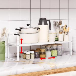 Expandable Cabinet Shelf Organizer Rack, Stackable Kitchen Counter Storage Shelves Stand, Adjustable Height Pantry Shelf Spice Rack(White-1 Pack, 8.7" D x 15.4-26.8" W x 9.8" H)