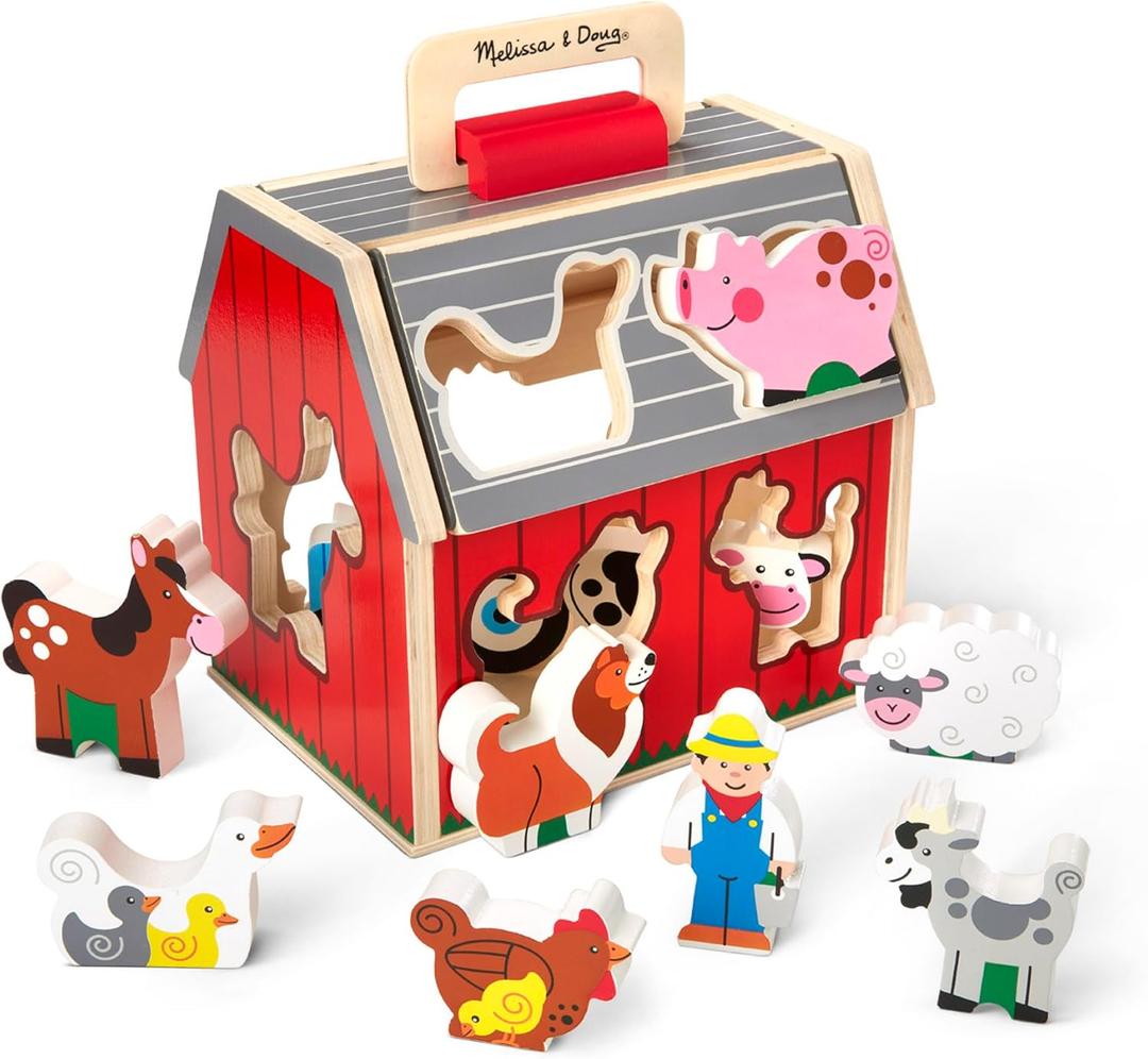 Melissa & Doug Wooden Take-Along Sorting Barn Toy with Flip-Up Roof and Handle, 10 Wooden Farm Play Pieces - Farm Toys, Shape Sorting And Stacking Learning Toys For Toddlers And Kids Ages 2+