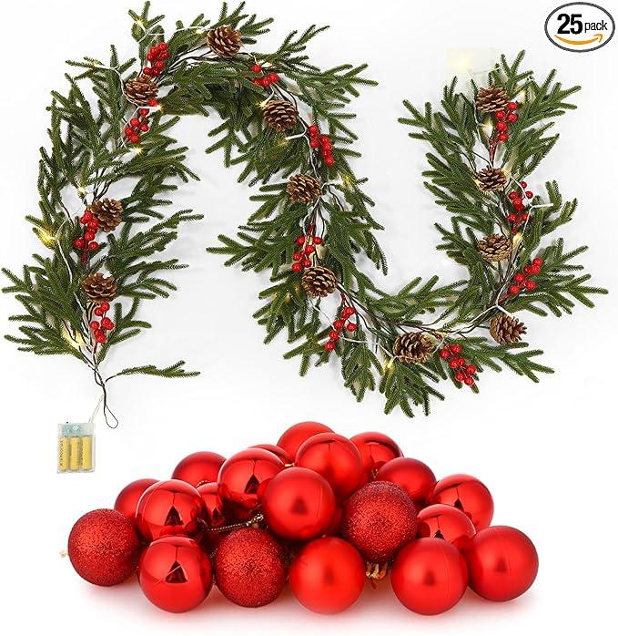 Ovveroche 6.5 FT Christmas Garland with Pinecones, 24 Red Xmas Ornaments, 78.7inch LED Lights Without Battery for Christmas Home Bedroom Wedding Party Mantle Table Centerpiece Decoration