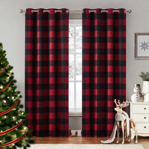 Melodieux Buffalo Check Plaid Blackout Curtains 54 Inches Long for Bedroom, Living Room Thermal Insulated Room Darkening Grommet Drapes, Black Red, 50 x 54 Inch, 2 Panels