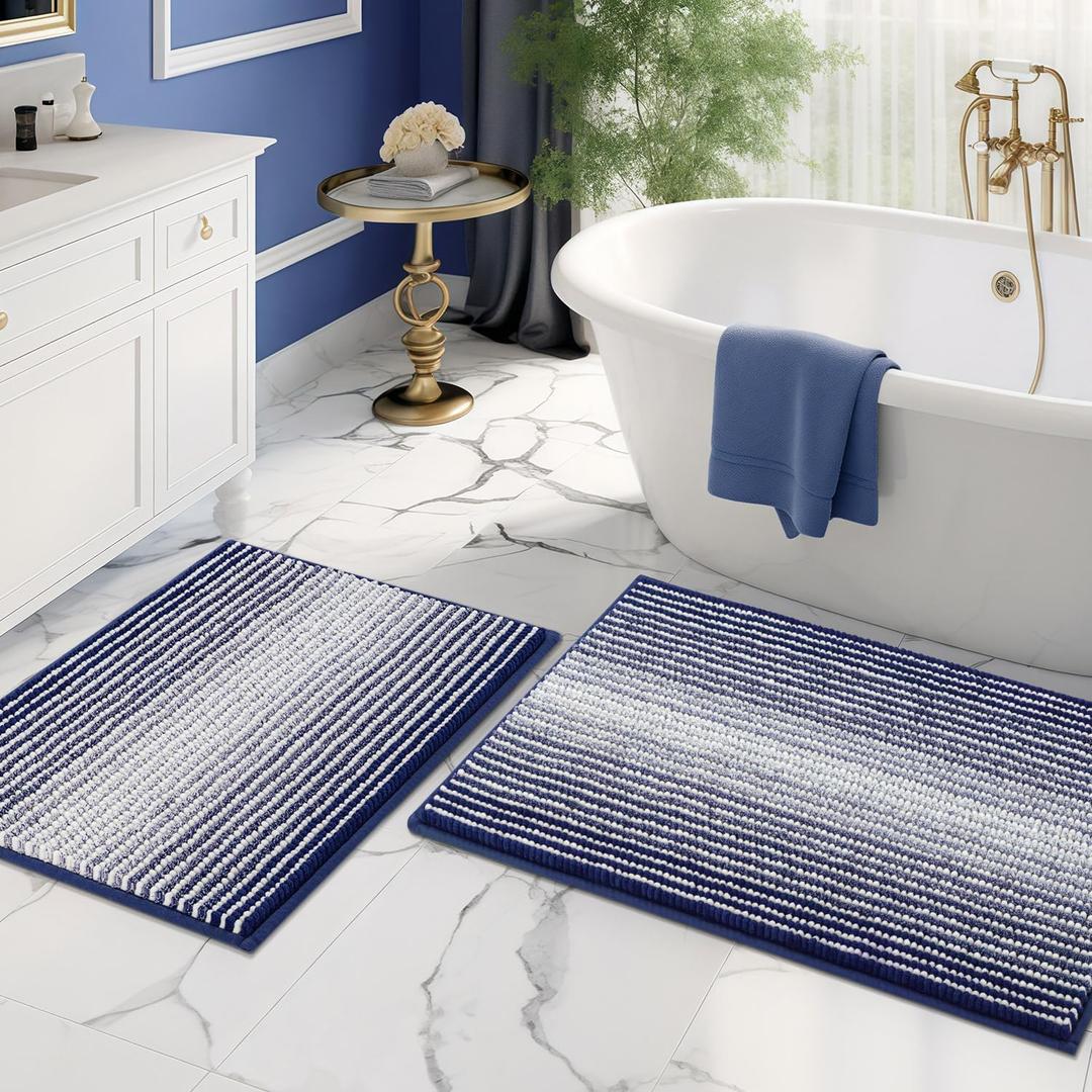 BSICPRO Bathroom Rugs and Mats Sets, 2 Piece Thick Absorbent Chenille Bath Mat Rug Set Non Slip, Soft Shaggy Bath Room Floor Mats for Bathroom, Machine Washable (20" x 32" Plus 16" x 24", Navy)