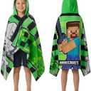 Minecraft Towelling Poncho Kids Teens Hooded Bath Towels Absorbent Beach Towel (Green/Black, 6-14 Years)