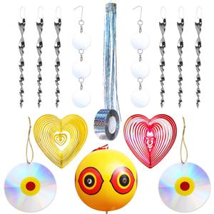 Bird Repellent Devices Kit,14 Piece,Reflective Scare Rods, Bird Scare Tape, Discs, Heart Wind Spinners, Keep Woodpeckers, Pigeons & Geese Away Effective Hanging Decor for Patio, House Siding