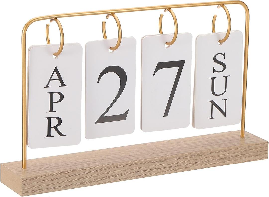 PATIKIL Vintage Wood Perpetual Calendar, Wooden Flip Calendar Turn Page Month Date Display for Desk Office Home Room Decoration, Golden