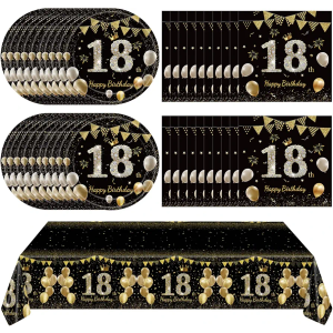 41Pcs 18th Birthday Decorations for Boy Girls, Black Gold 18 Year Old Happy Birthday Girl Decorations include Plates Napkins Tablecloth for Official Teenager 18th Birth Party