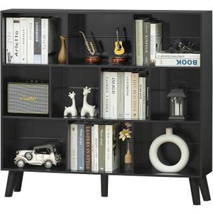 YAHARBO 10 Cube Bookshelf,3 Tier Bookcase with Legs,Black Mid-Century Modern Bookshelves,Large Free Standing Open Storage Organizer Shelf,Tall Wooden Book Case Furniture for Bedroom,Living Room,Office (120CM, Black)