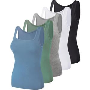 BQTQ 5 Pack Women's Tank Tops Square Neck Sleeveless Ladies Tank Top Undershirts (Large, Black, White, Gray, Cadet Blue, Cornflower Blue)