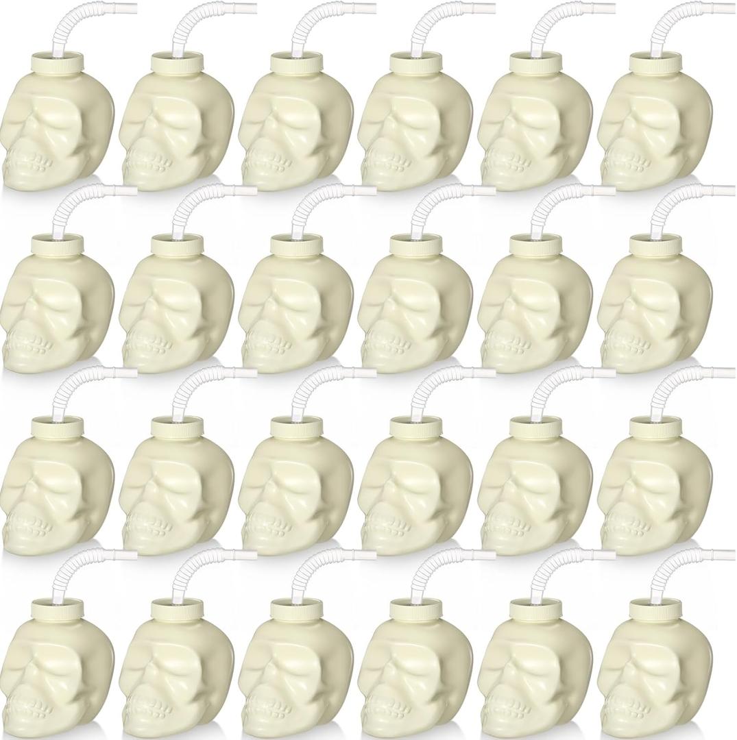 Umigy 24 Pack Halloween Plastic Cups with Straw and Lids 17 oz Halloween Skull Head Shaped Cups Bulk Reusable Skull Cups for Skull Party Supplies Birthday Gifts Drinkware(White)