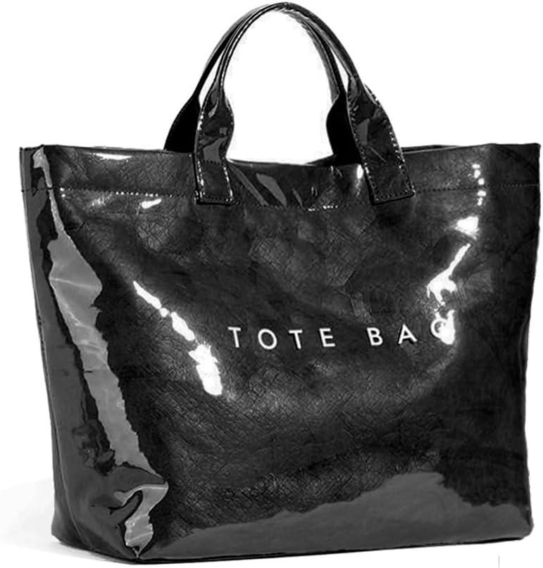 Women's Large PVC Tote Bag Letters Print Handbags Paper Shoulder Bag Clear Shopping Hobo Bag (Black)
