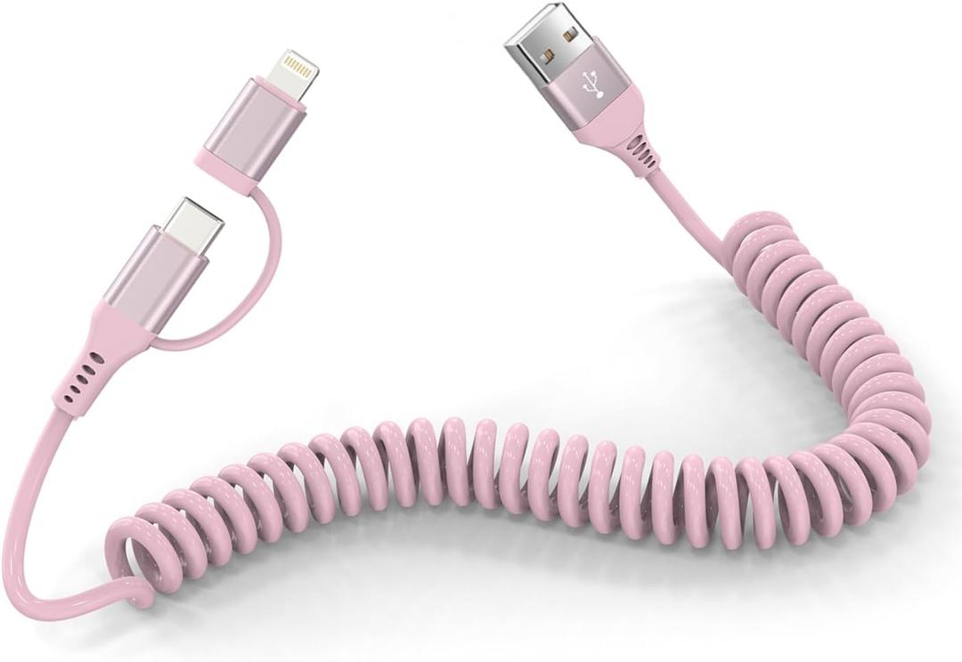Pink Retractable Car Charger Coiled Lightning Cable - 2 in 1 Lightning and USB C Cable for Apple Carplay & Android Auto [MFi Certified] 3A Fast Charge & Data Sync Pink Coiled i Phone Charger Cord