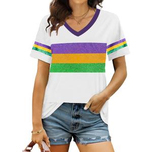 Carnival Shirts for Women Fat Tuesday V Neck Shirt New Orleans Carnival Sequins Short Sleeve Tee Tops (Medium, White)