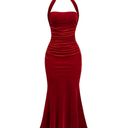 SOLY HUX Women's Velvet Halter Bodycon Dress Sleeveless Ruched Fishtail Cocktail Party Long Dresses, S