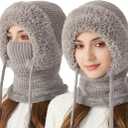 3 in 1 Beanie Hat with Scarf and Mask,Autumn and Winter Knitted Hat for Women (Gray)