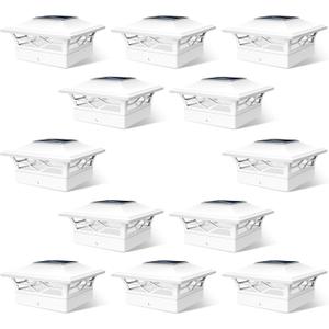 Solar Fence Post Lights, Cap Lights for 4x4/5x5 Vinyl Fence and 4x4/6x6 Wooden Post, Warm White/Cool White Lighting, White Solar Cap Outdoor Waterproof Decorate Garden Pathway Dcek Patio (12pack)