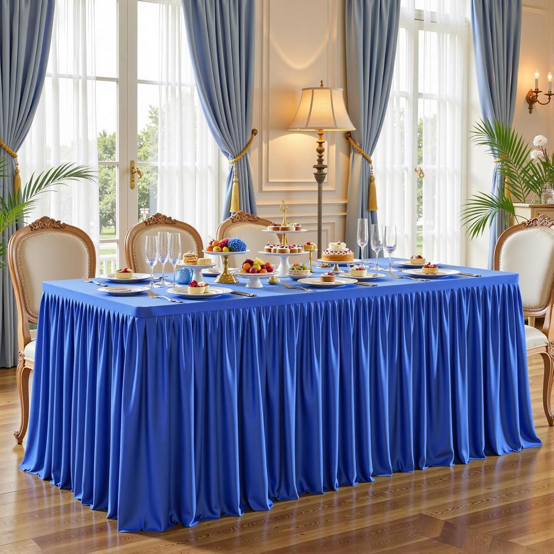 Royal Blue Polyester Table Clothes for 8 Foot Rectangle Tables, Wrinkle Free Fitted Table Cover 8ft Stretch Tablecloths with Skirt for Parties Weddings Birthday Banquet Baby Shower