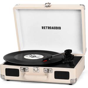 Vinyl Record Player Bluetooth Vintage Portable Suitcase Turntable with Built-in Speakers 3-Speed Belt-Driven Record Player Support RCA Output and Headphone Output (Warm White)