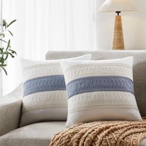 Soft Cotton Boho Throw Pillow Covers Set of 2, Natural White/Contrast Blue 18x18 Inch, Blue Farmhouse Decorative Cushion Covers for Sofa Bed Living Room Home Decor