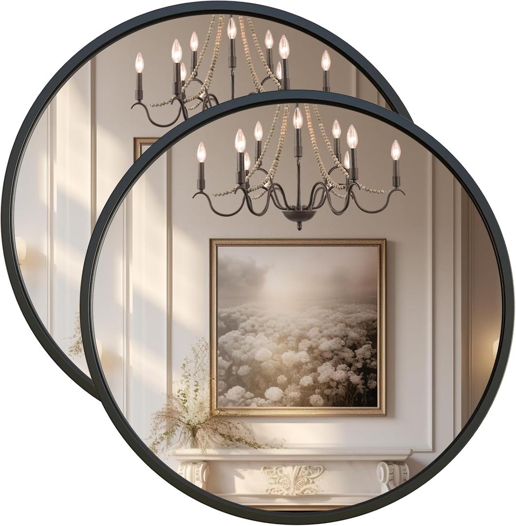 G-LEAF Black Round Mirror 24 inch Circle Mirror for Bathroom Vanity, Entryway, Living Room, Round Bathroom Mirror for Wall 2-Pack