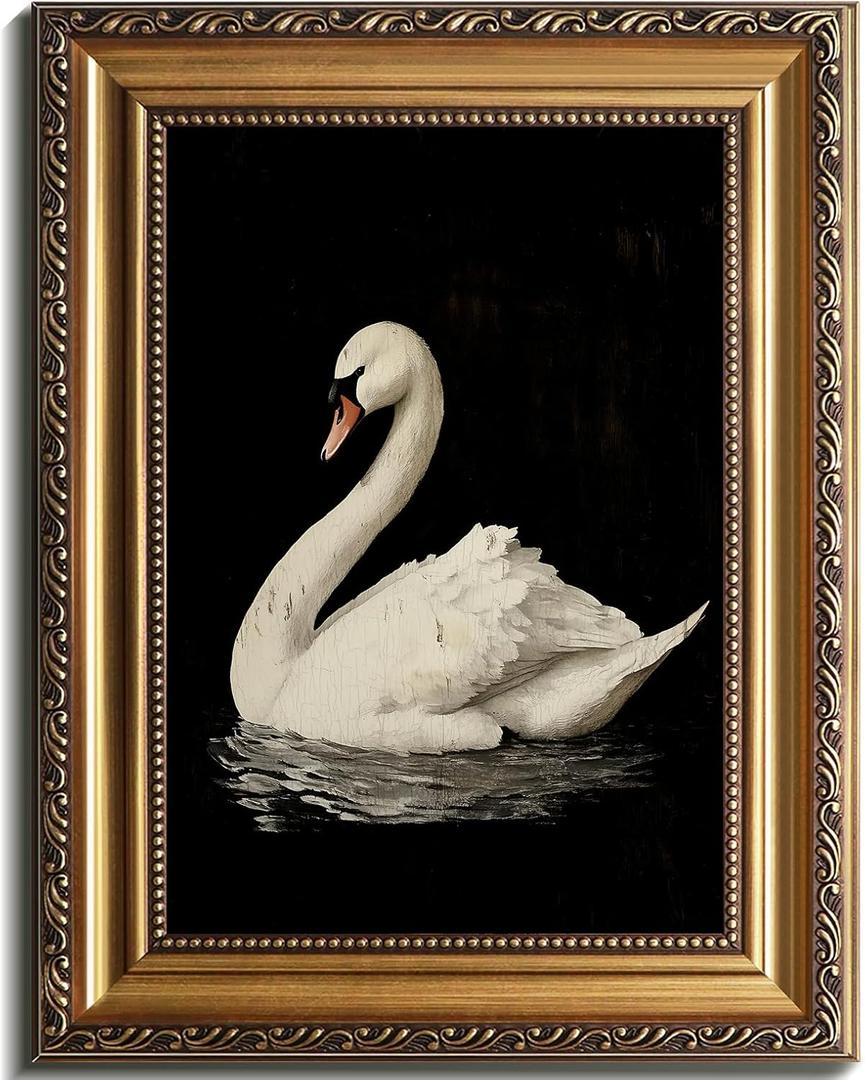 Vintage White Swan Canvas Wall Art with Distressed Gold Frame - Ready-to-Hang Swan Pictures Wall Decor for Living Room, Bedroom, Bathroom & Office White Sw an Painting Framed - 16x24 Inch