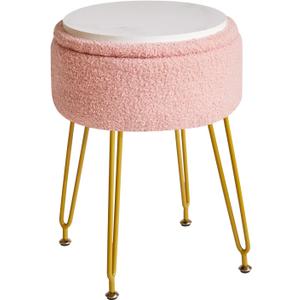 IBUYKE Teddy Velvet Storage Footrest Stool Ottoman, Makeup Vanity Stool Side Table with Removable Cover, Golden Steel Legs, Coffee Table Top Cover, Pink WBD010P