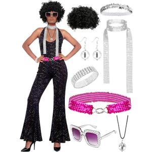 VillbeCoser 70s Disco Outfits for Women Retro Jumpsuit Costume Set 1970s Accessories Glasses Wig Halloween Party (Large, Black)
