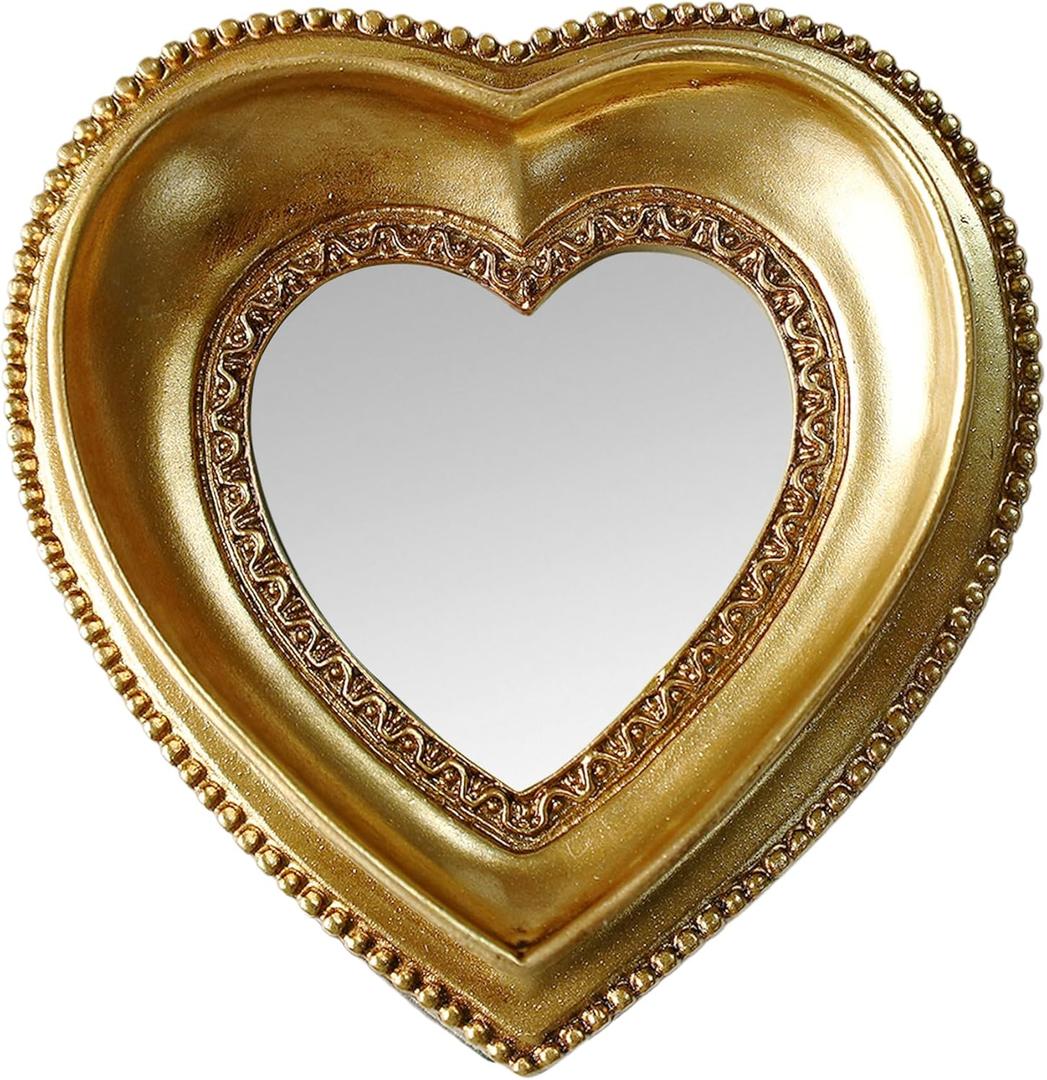 Golden Mini Vintage Mirror with Exquisite Relief Elegant Wall Decor for Bedroom Dresser Table Compact Resin Retro Design (Heart, 4.3X4.3)