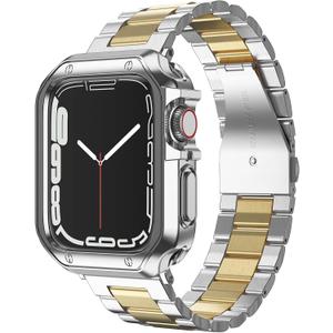 Designed for Apple Watch Band and Case, Stainless Steel Metal Chain with TPU Cover, Smart-Watch Link Bracelet Strap, Wrist-Band for i-Watch Series 9 8 7 6 5 4 3 2 1 SE, 45mm 44mm 42mm, Silver+Gold