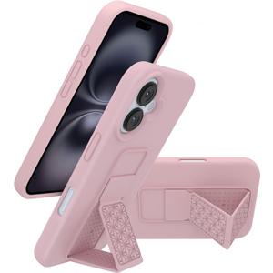 LAUDTEC Silicone Kickstand Case Compatible with iPhone 16, Vertical and Horizontal Stand Hand Strap Metal Kickstand Cover, Flexible Soft Liquid Silicone Stand Case for iPhone 16 (Pink)